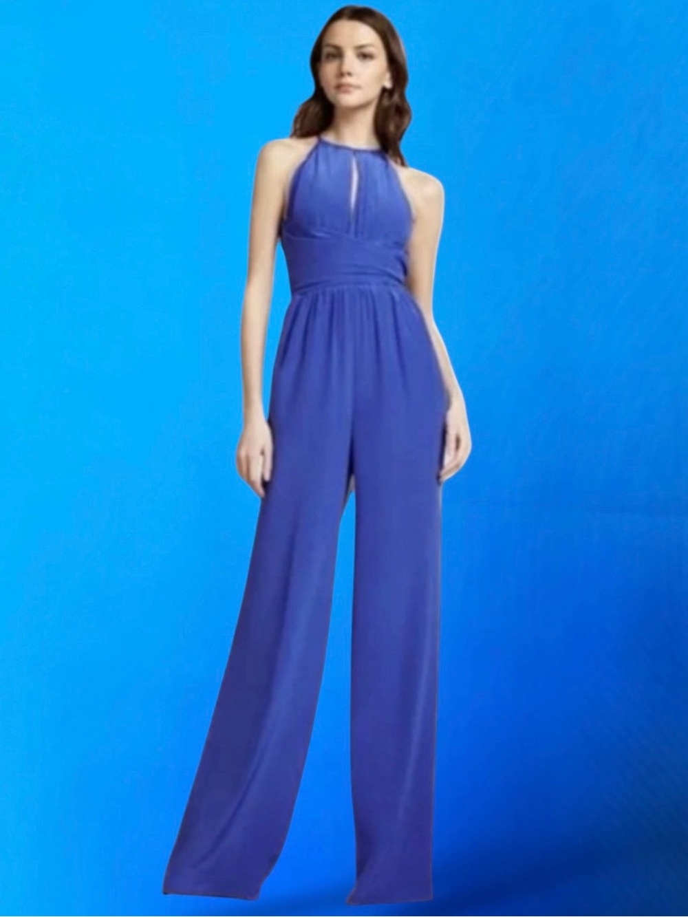🆕💞L'AGENCE Cummerbund Silk Electric Blue Keyhole Wide Leg Sleeveless Jumpsuit 0